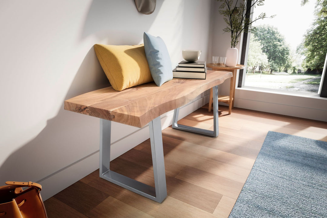 Garderobenbank 120x40x45-5 cm Akazie Massivholz / Metall mit Baumkante - Sitzbank Flur Holzbank Massiv ohne Lehne - Flurbank Modern Eingangsbereich Klein Trapezbeine Schwarz_