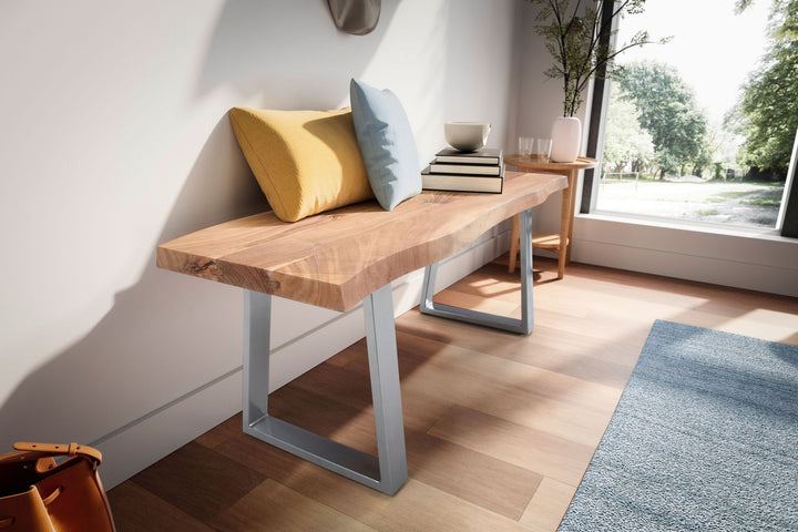 Garderobenbank 120x40x45-5 cm Akazie Massivholz / Metall mit Baumkante - Sitzbank Flur Holzbank Massiv ohne Lehne - Flurbank Modern Eingangsbereich Klein Trapezbeine Schwarz_