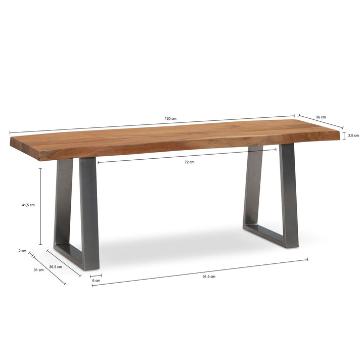 Garderobenbank 120x40x45-5 cm Akazie Massivholz / Metall mit Baumkante - Sitzbank Flur Holzbank Massiv ohne Lehne - Flurbank Modern Eingangsbereich Klein Trapezbeine Schwarz_