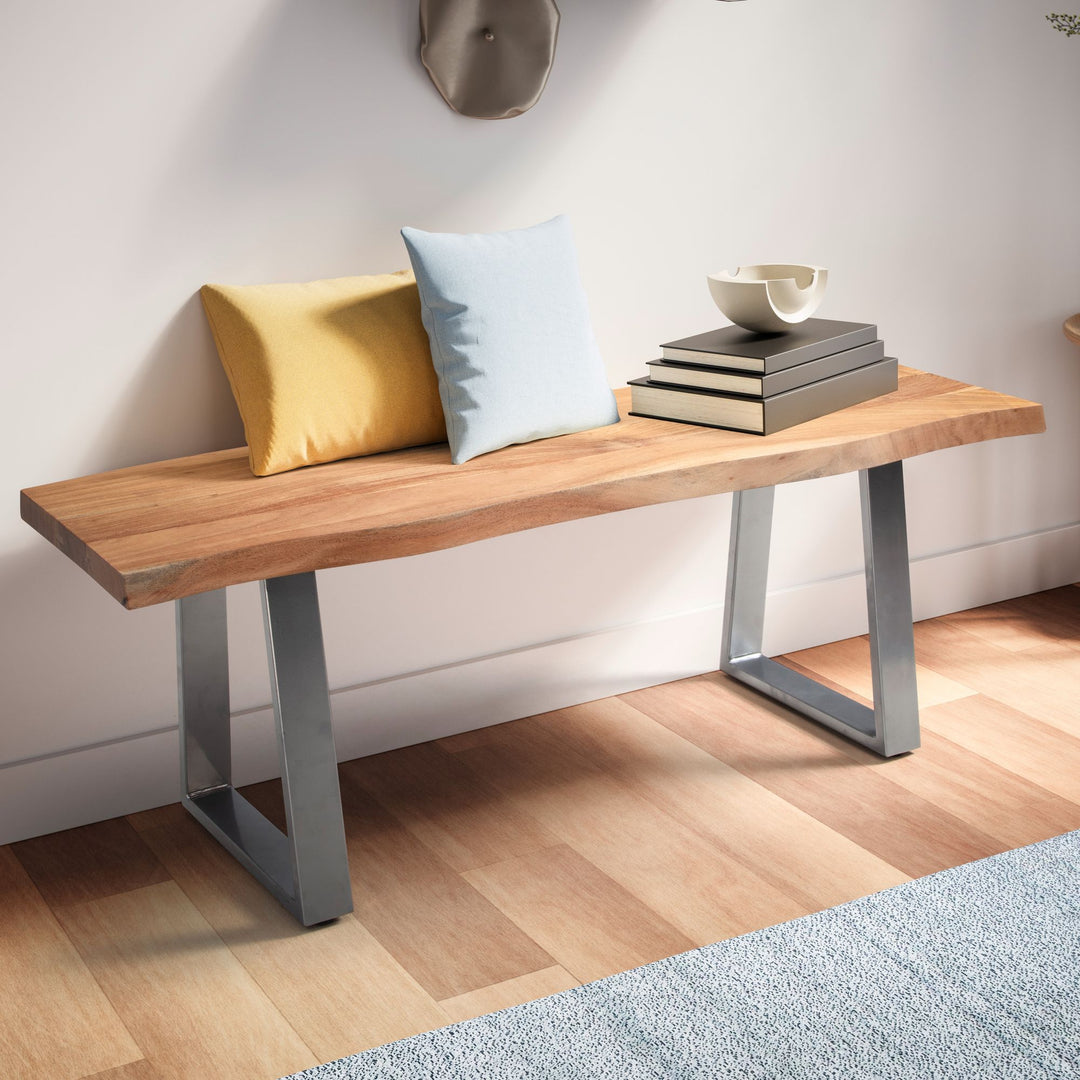 Garderobenbank 120x40x45-5 cm Akazie Massivholz / Metall mit Baumkante - Sitzbank Flur Holzbank Massiv ohne Lehne - Flurbank Modern Eingangsbereich Klein Trapezbeine Schwarz_
