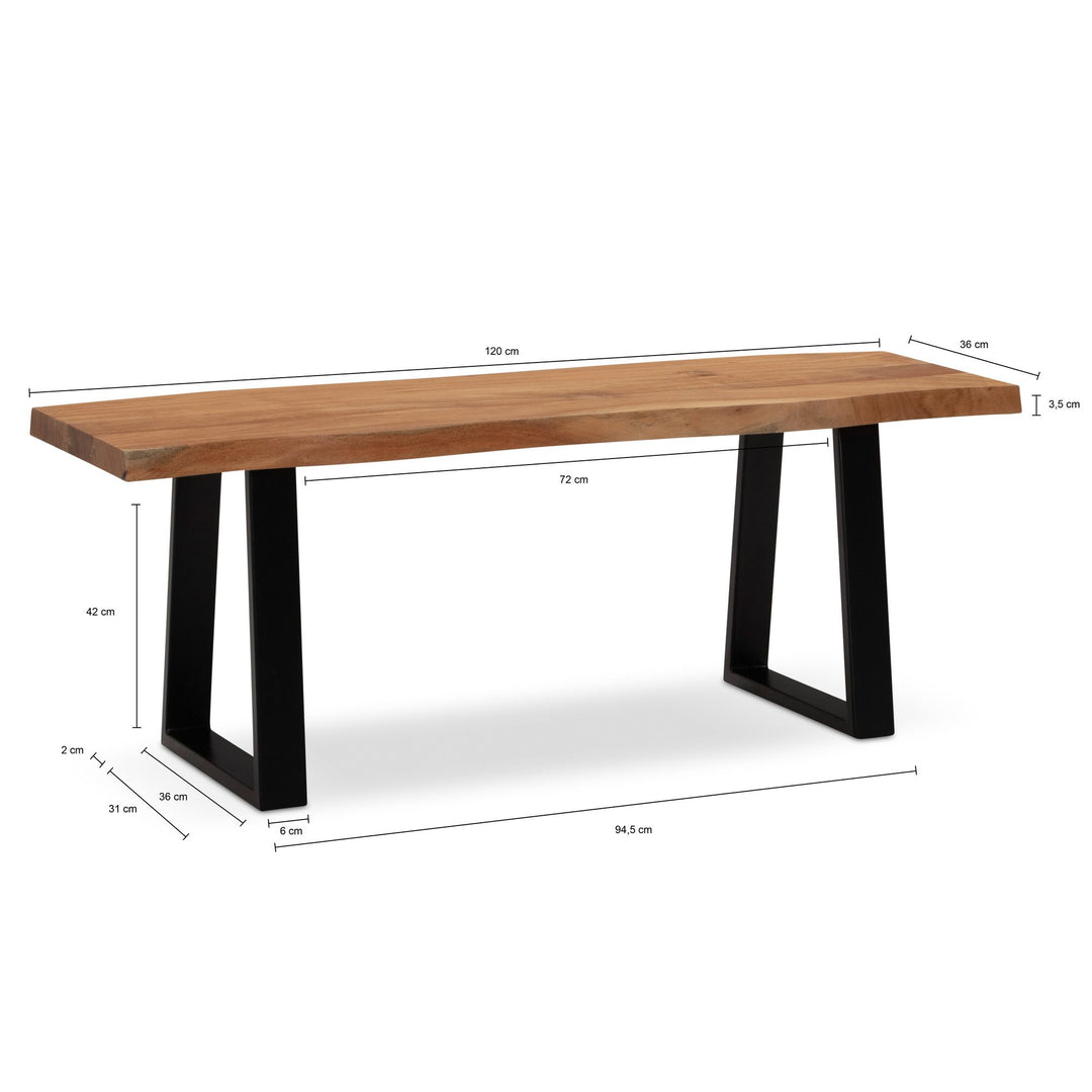 Garderobenbank 120x40x45-5 cm Akazie Massivholz / Metall mit Baumkante - Sitzbank Flur Holzbank Massiv ohne Lehne - Flurbank Modern Eingangsbereich Klein Trapezbeine Schwarz_