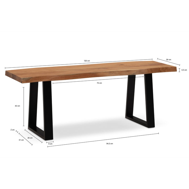 Garderobenbank 120x40x45-5 cm Akazie Massivholz / Metall mit Baumkante - Sitzbank Flur Holzbank Massiv ohne Lehne - Flurbank Modern Eingangsbereich Klein Trapezbeine Schwarz_