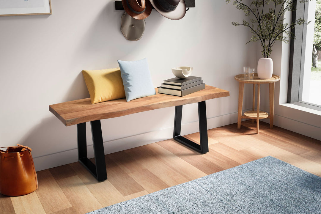Garderobenbank 120x40x45-5 cm Akazie Massivholz / Metall mit Baumkante - Sitzbank Flur Holzbank Massiv ohne Lehne - Flurbank Modern Eingangsbereich Klein Trapezbeine Schwarz_