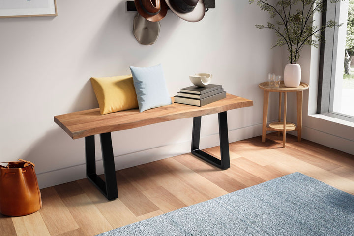 Garderobenbank 120x40x45-5 cm Akazie Massivholz / Metall mit Baumkante - Sitzbank Flur Holzbank Massiv ohne Lehne - Flurbank Modern Eingangsbereich Klein Trapezbeine Schwarz_