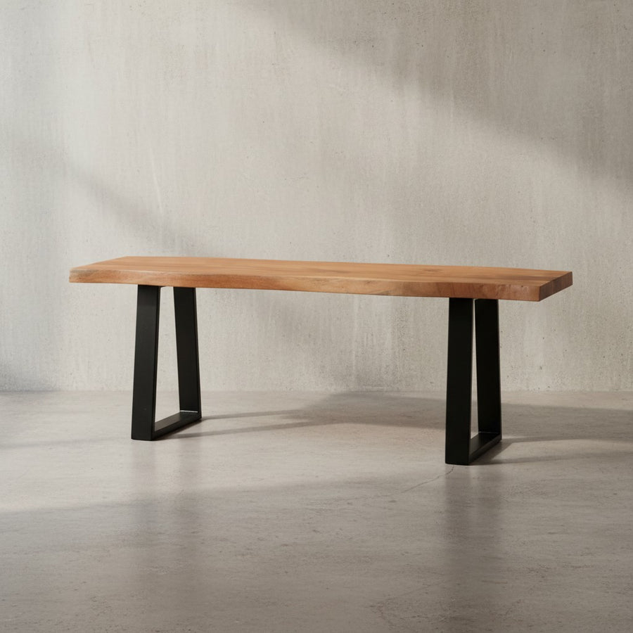 Garderobenbank 120x40x45-5 cm Akazie Massivholz / Metall mit Baumkante - Sitzbank Flur Holzbank Massiv ohne Lehne - Flurbank Modern Eingangsbereich Klein Trapezbeine Schwarz_