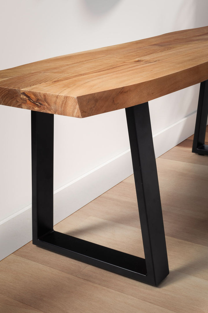 Garderobenbank 120x40x45-5 cm Akazie Massivholz / Metall mit Baumkante - Sitzbank Flur Holzbank Massiv ohne Lehne - Flurbank Modern Eingangsbereich Klein Trapezbeine Schwarz_