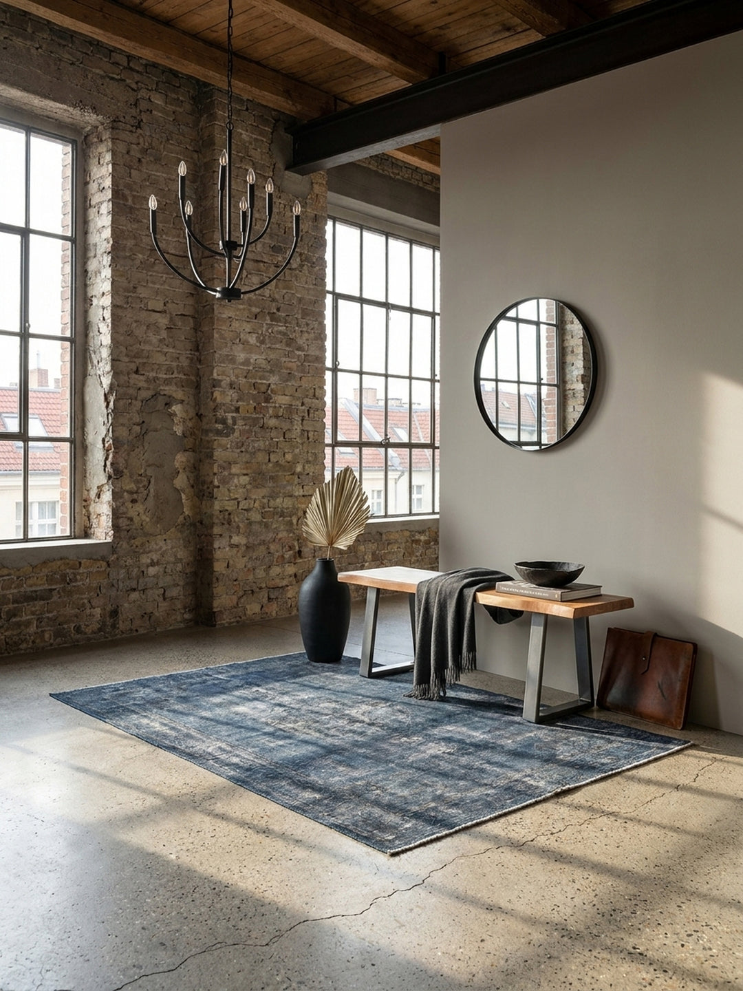 Elegante Garderobenbank aus Akazie Massivholz mit Baumkante in einem lichtdurchfluteten Flur mit Holzboden und modernen Accessoires._