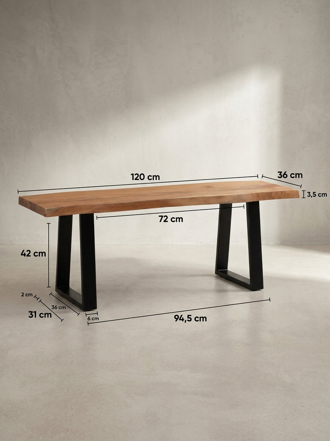 Technische Zeichnung der Garderobenbank mit exakten Maßen: Länge 120 cm, Tiefe 40 cm und Höhe 46 cm für die perfekte Flurplanung._