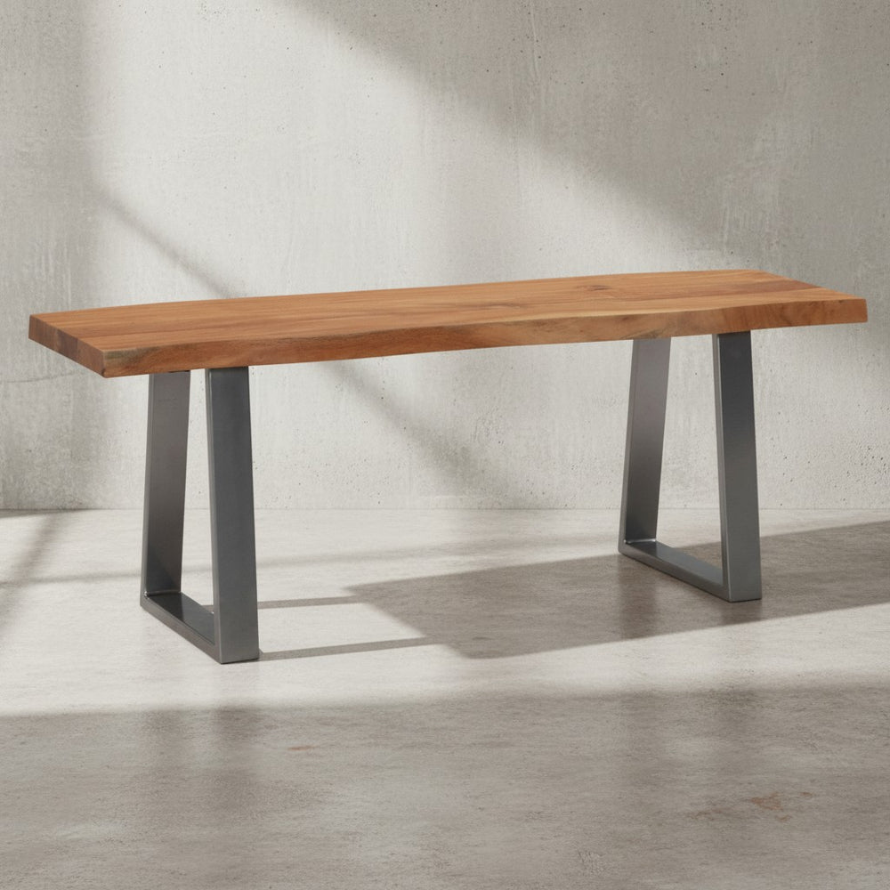 Garderobenbank 120x40x45-5 cm Akazie Massivholz / Metall mit Baumkante - Sitzbank Flur Holzbank Massiv ohne Lehne - Flurbank Modern Eingangsbereich Klein Trapezbeine Schwarz_