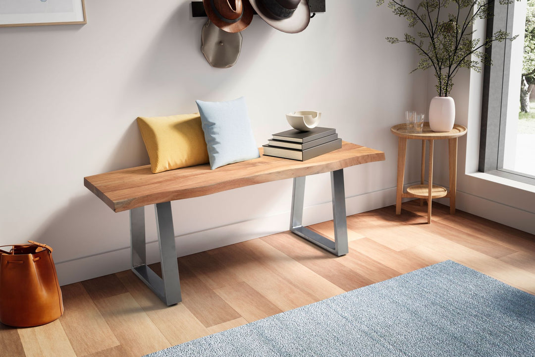 Garderobenbank 120x40x45-5 cm Akazie Massivholz / Metall mit Baumkante - Sitzbank Flur Holzbank Massiv ohne Lehne - Flurbank Modern Eingangsbereich Klein Trapezbeine Schwarz_