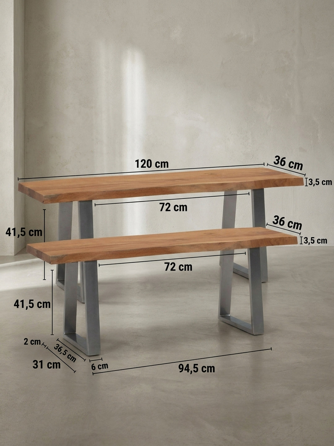 Technische Zeichnung der Sitzbank mit allen exakten Maßen: 120 cm Breite, 45,5 cm Höhe und ca. 40 cm Tiefe, ideal für die Raumplanung._