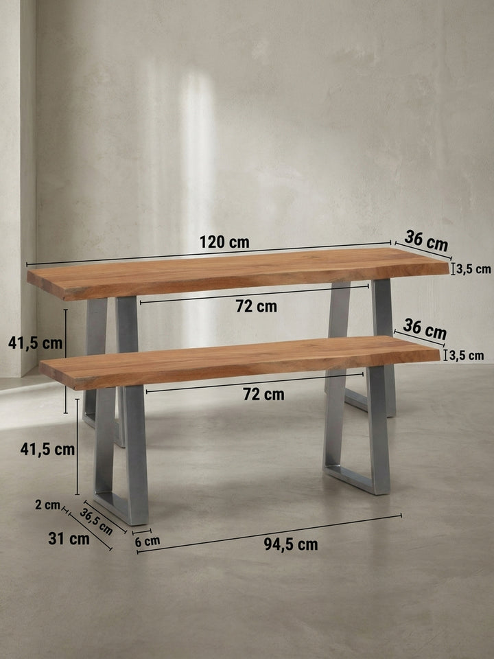Technische Zeichnung der Sitzbank mit allen exakten Maßen: 120 cm Breite, 45,5 cm Höhe und ca. 40 cm Tiefe, ideal für die Raumplanung._