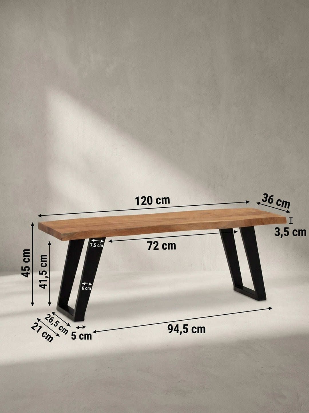 Garderobenbank mit den exakten Maßen 120 cm Breite, 45,5 cm Höhe und 40 cm Tiefe, Maßzeichnung zur einfachen Planung im eigenen Eingangsbereich._