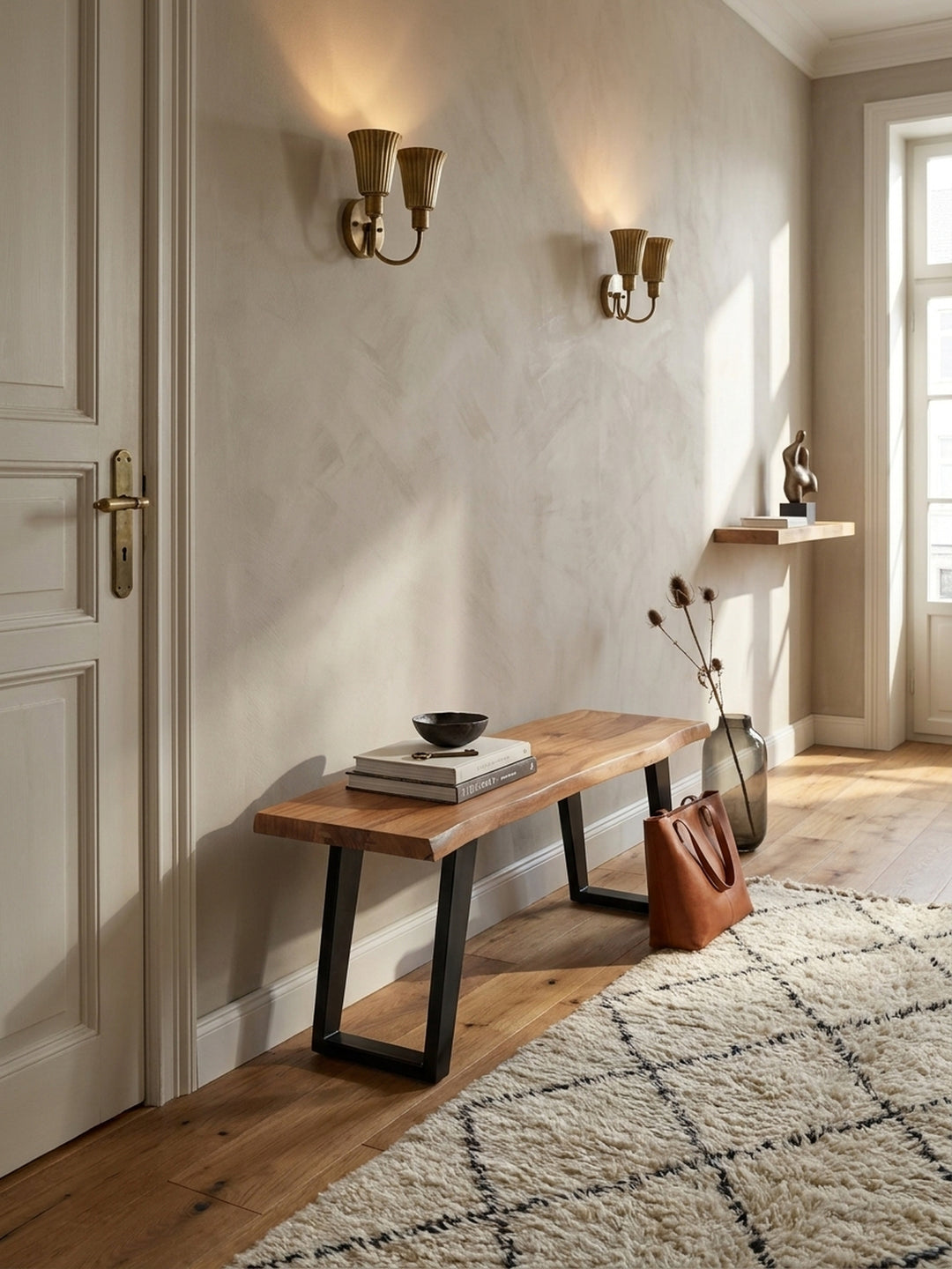 Moderne Garderobenbank aus Akazienholz mit Baumkante und schwarzen Metallbeinen, stilvoll platziert in einem hellen Altbau-Flur auf einem Vintage-Kilim-Teppich._