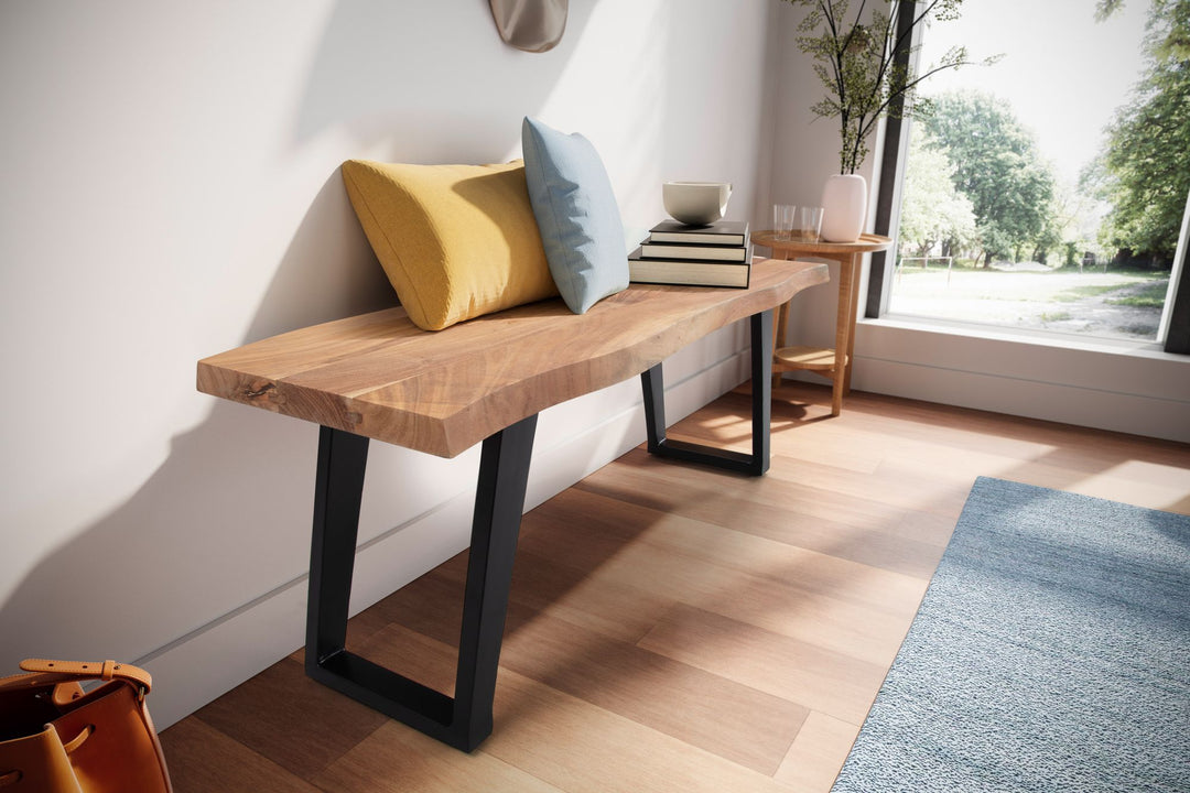 Sitzbank – Akazie Massivholz/Metall, 120x40x45,5 cm, mit Baumkante, U-Beine