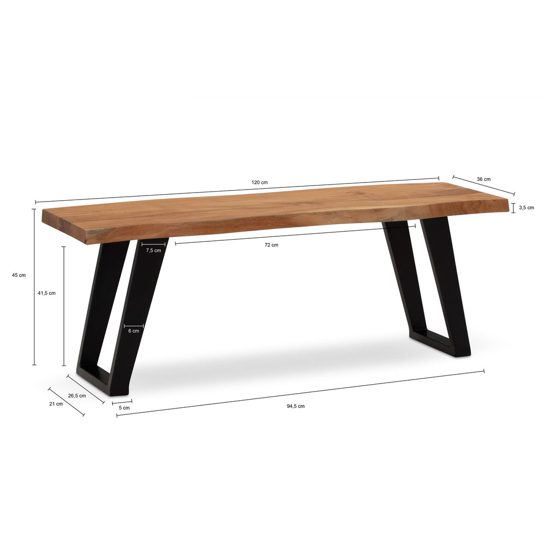 Sitzbank – Akazie Massivholz/Metall, 120x40x45,5 cm, mit Baumkante, U-Beine