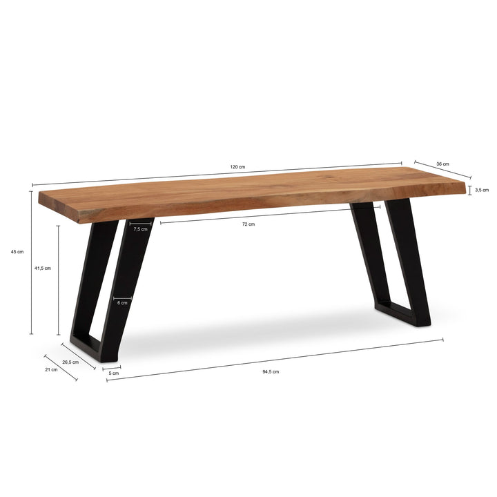 Sitzbank – Akazie Massivholz/Metall, 120x40x45,5 cm, mit Baumkante, U-Beine