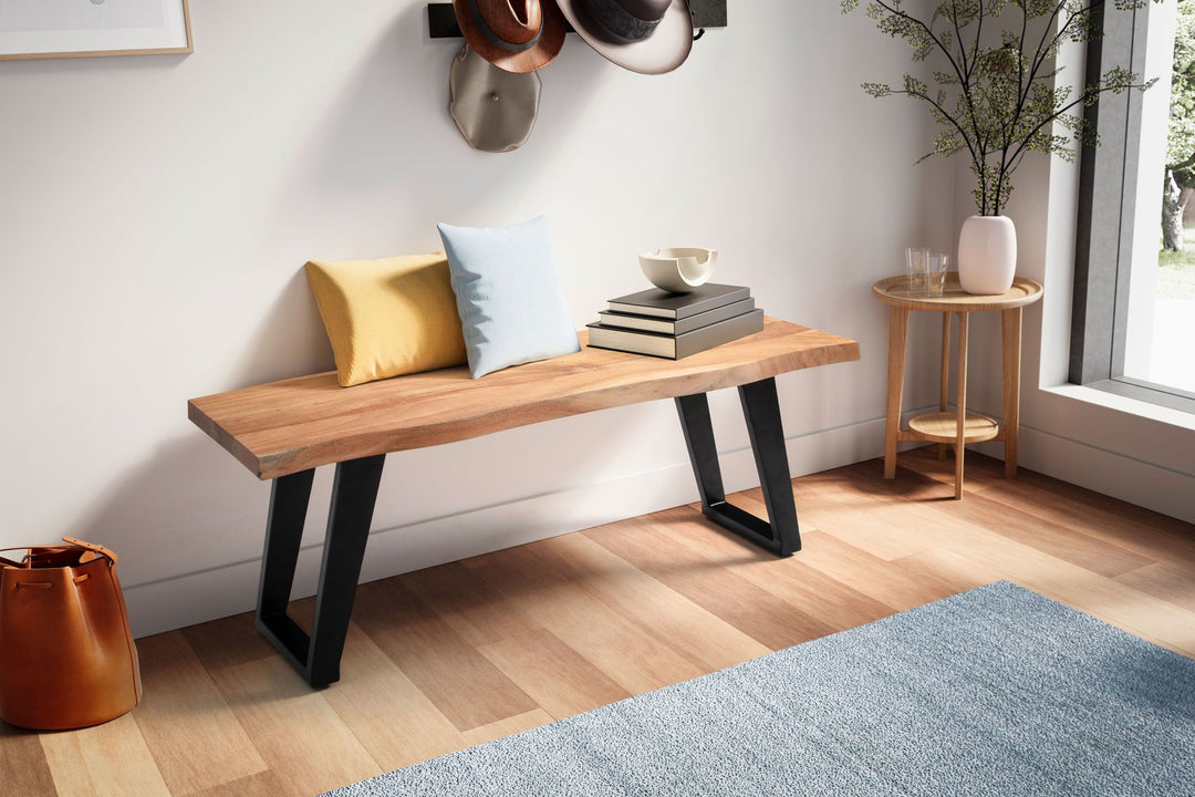 Sitzbank – Akazie Massivholz/Metall, 120x40x45,5 cm, mit Baumkante, U-Beine