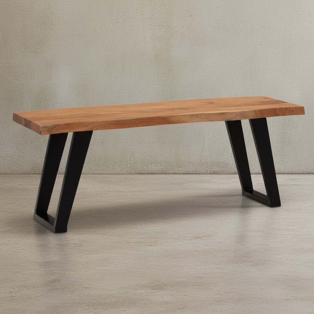 Garderobenbank 120x40x45-5 cm Akazie Massivholz / Metall mit Baumkante - Sitzbank Flur Holzbank Massiv ohne Lehne - Flurbank Modern Eingangsbereich Klein U-Beine Schwarz_