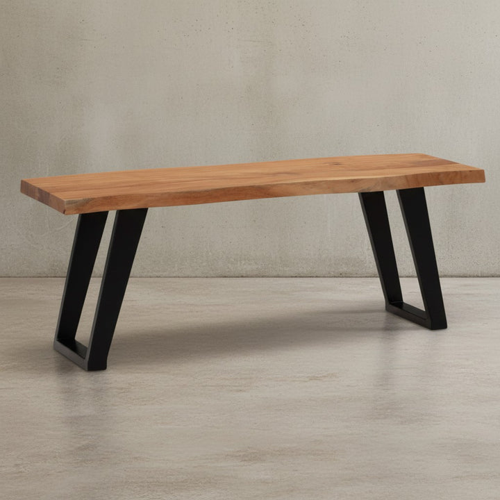 Garderobenbank 120x40x45-5 cm Akazie Massivholz / Metall mit Baumkante - Sitzbank Flur Holzbank Massiv ohne Lehne - Flurbank Modern Eingangsbereich Klein U-Beine Schwarz_