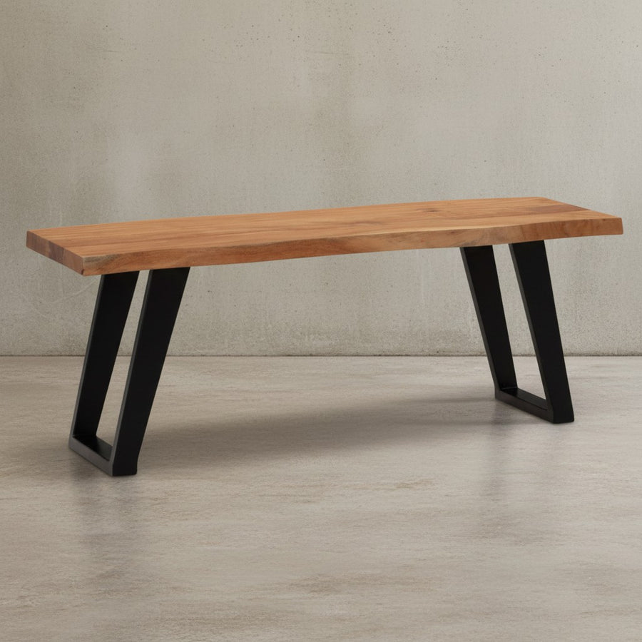 Garderobenbank 120x40x45-5 cm Akazie Massivholz / Metall mit Baumkante - Sitzbank Flur Holzbank Massiv ohne Lehne - Flurbank Modern Eingangsbereich Klein U-Beine Schwarz_