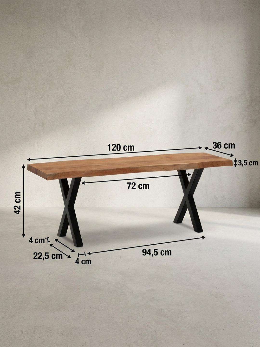 Technische Zeichnung der Garderobenbank mit exakten Maßen: 120 cm Breite, 45,5 cm Höhe und ca. 40 cm Tiefe, zur perfekten Raumplanung für Ihren Eingangsbereich._