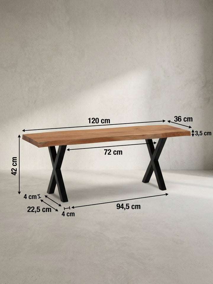 Technische Zeichnung der Garderobenbank mit exakten Maßen: 120 cm Breite, 45,5 cm Höhe und ca. 40 cm Tiefe, zur perfekten Raumplanung für Ihren Eingangsbereich._
