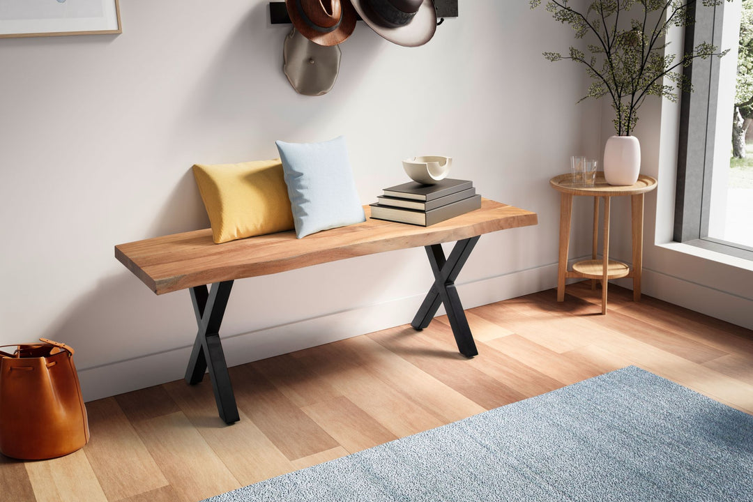 Sitzbank – Akazie/Massivholz/Metall, 120x40x45,5 cm, Baumkante, ohne Lehne