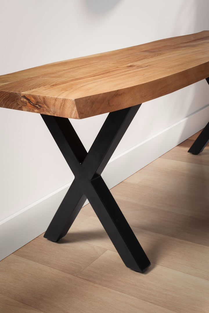 Sitzbank – Akazie/Massivholz/Metall, 120x40x45,5 cm, Baumkante, ohne Lehne