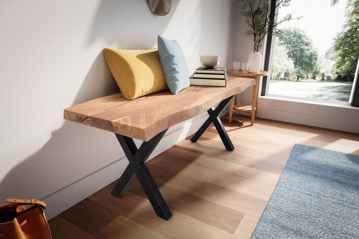 Sitzbank – Akazie/Massivholz/Metall, 120x40x45,5 cm, Baumkante, ohne Lehne