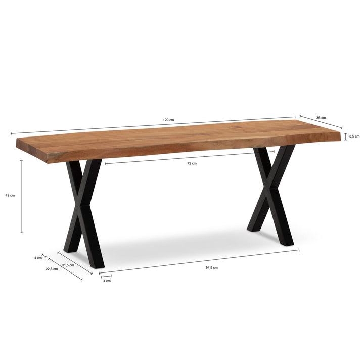 Sitzbank – Akazie/Massivholz/Metall, 120x40x45,5 cm, Baumkante, ohne Lehne