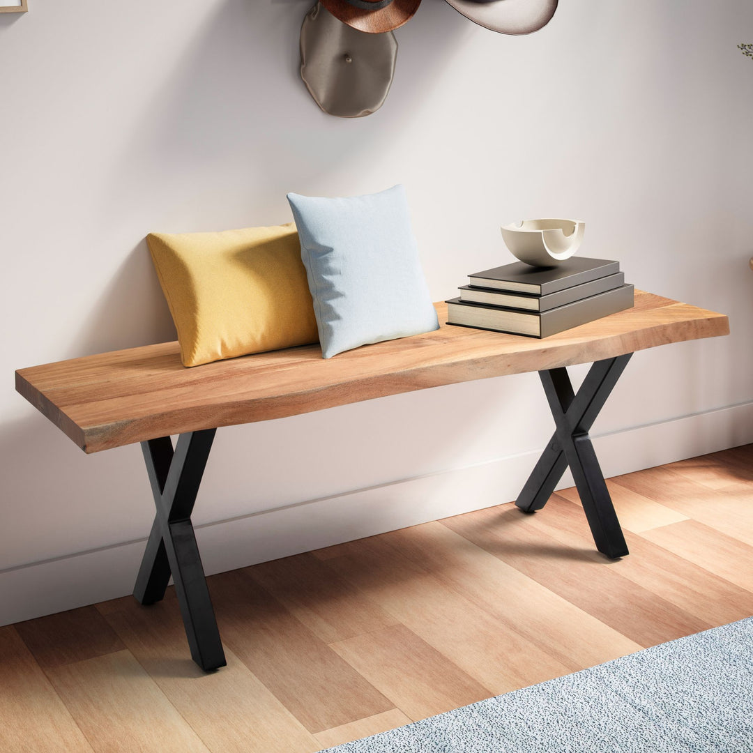 Sitzbank – Akazie/Massivholz/Metall, 120x40x45,5 cm, Baumkante, ohne Lehne