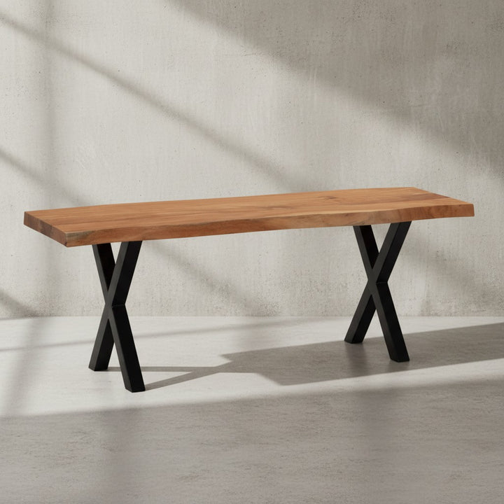 Garderobenbank 120x40x45-5 cm Akazie Massivholz / Metall mit Baumkante - Sitzbank Flur Holzbank Massiv ohne Lehne - Flurbank Modern Eingangsbereich Klein X-Beine Schwarz_