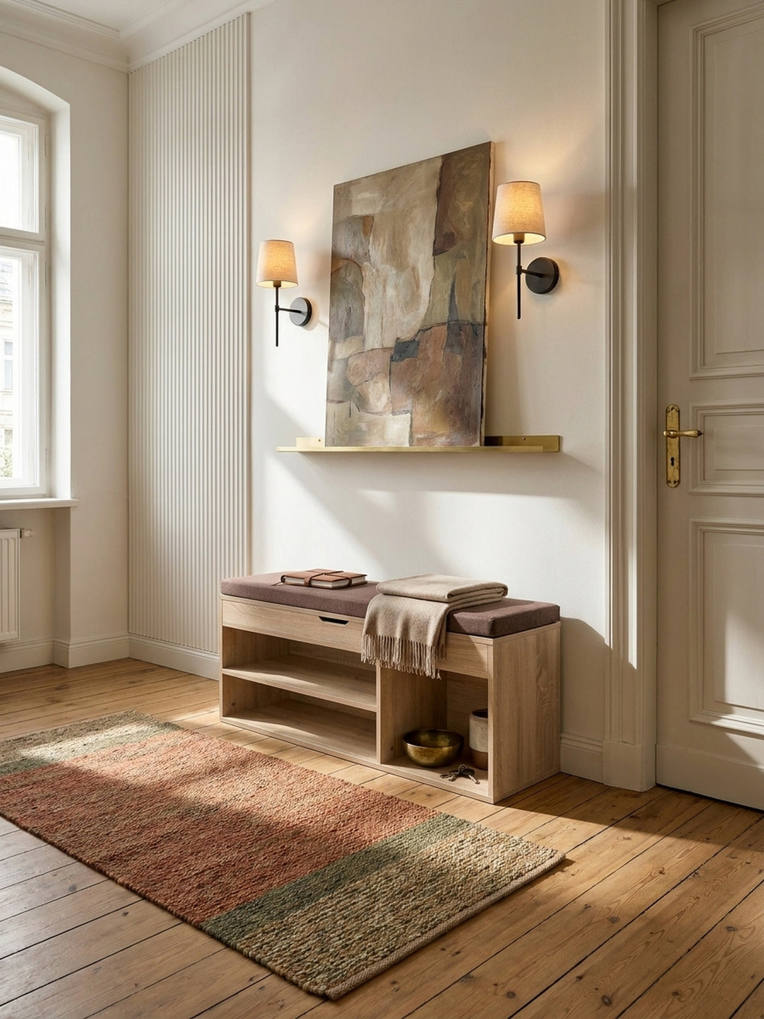 Schmale Schuhbank in Sonoma-Eiche-Optik 104x51x32 cm mit braunem Stoffpolster im eleganten Flur vor einer greigen Kalkfarben-Wand_