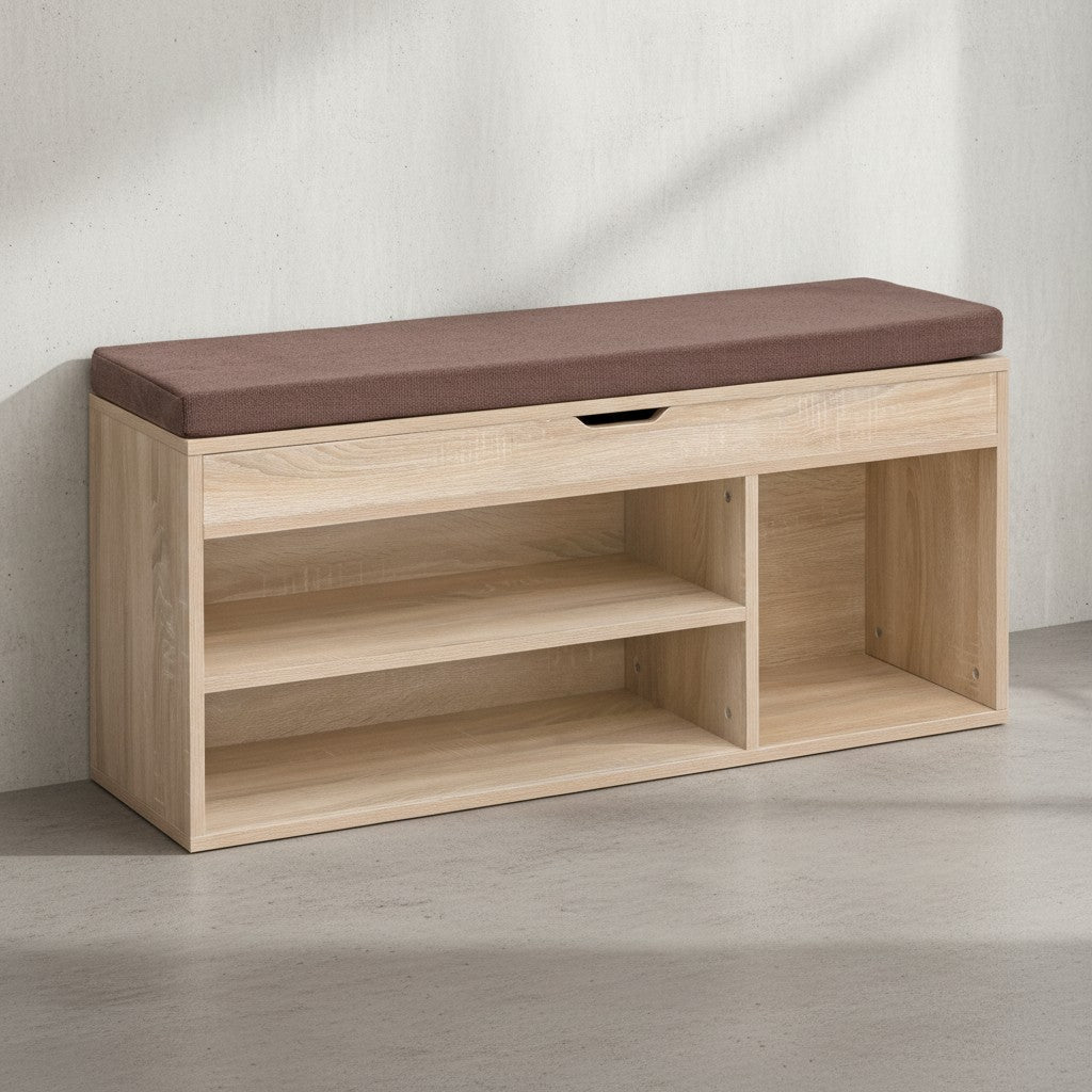 Garderobenbank mit Stauraum_ Sitzkomfort_ Funktionalität_ Braun Stoffbezug_ Viel Stauraum_ Melaminharzbeschichtung - KADIMA DESIGN_Farbe_ Beige_ Größe_ 104x32x51 cm_