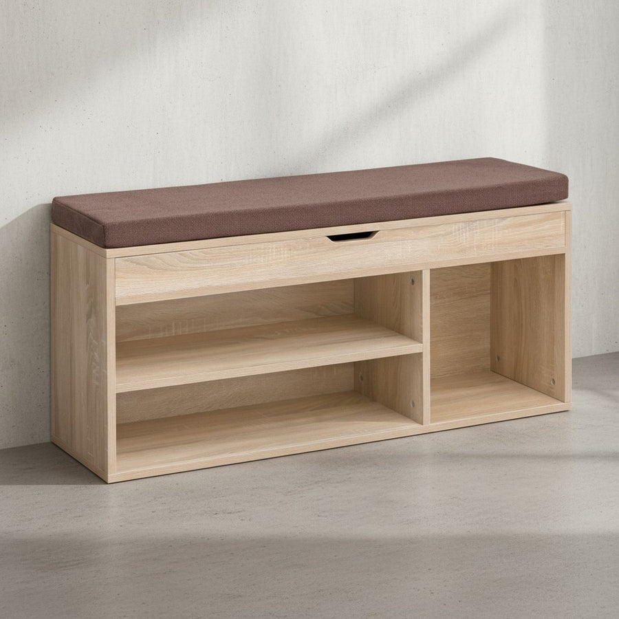Garderobenbank mit Stauraum_ Sitzkomfort_ Funktionalität_ Braun Stoffbezug_ Viel Stauraum_ Melaminharzbeschichtung - KADIMA DESIGN_Farbe_ Beige_ Größe_ 104x32x51 cm_