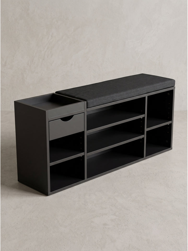 Schuhbank Flur Schwarz 100cm mit Sitzkissen und Schublade frontal freigestellt vor weißem Hintergrund_