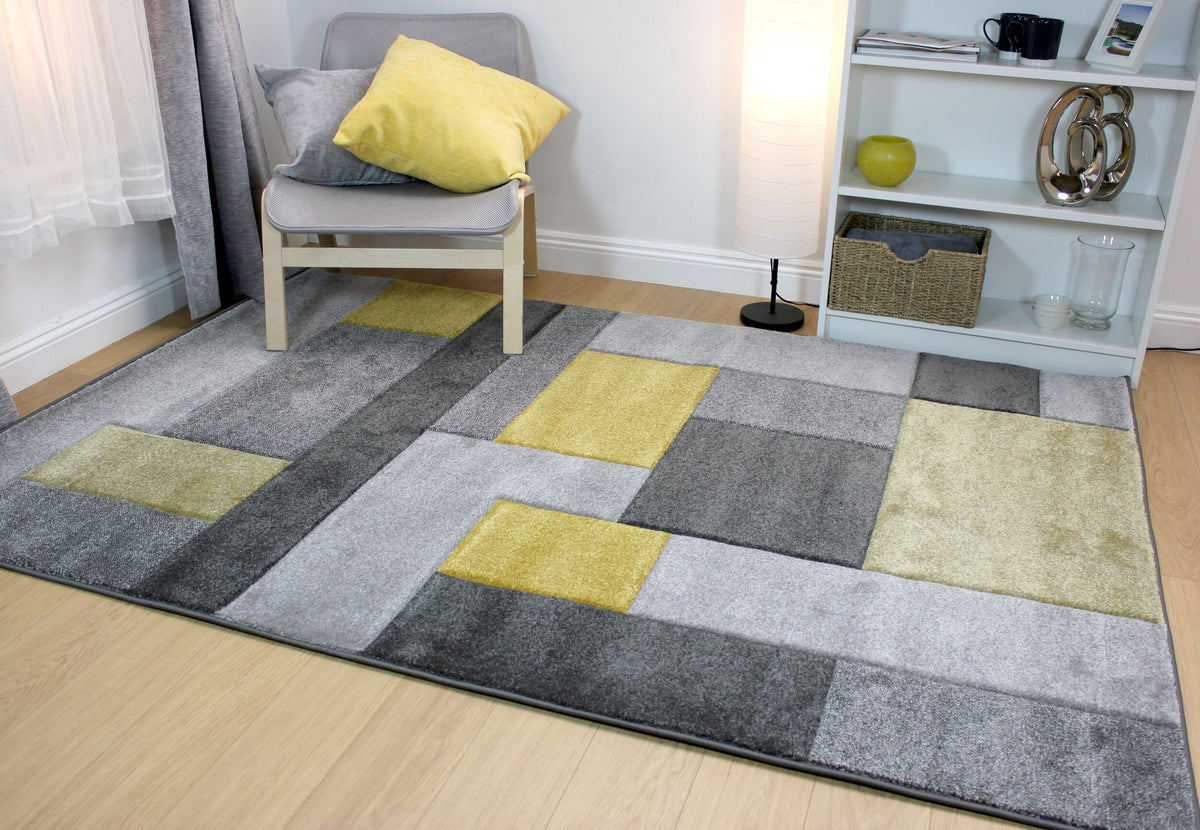 Geometrischer Teppich in aktuellen Trendfarben_Gelb-Grau_Rechteckig_