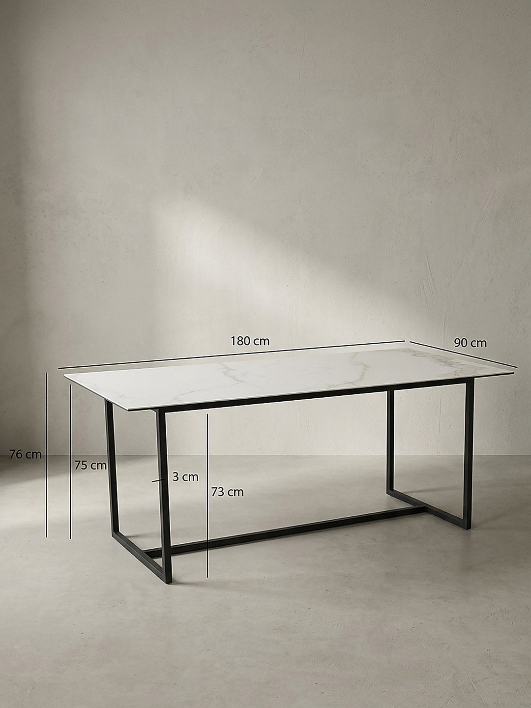 Technische Zeichnung des Esstisches mit genauen Maßangaben von 180 cm Länge 90 cm Breite und 76 cm Höhe für die exakte Planung im Esszimmer_
