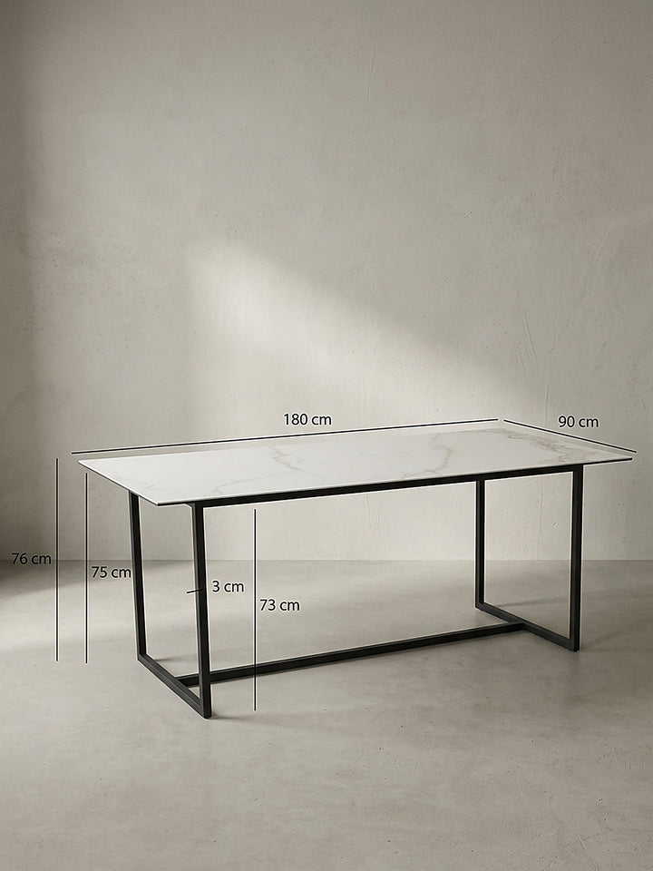 Technische Zeichnung des Esstisches mit genauen Maßangaben von 180 cm Länge 90 cm Breite und 76 cm Höhe für die exakte Planung im Esszimmer_