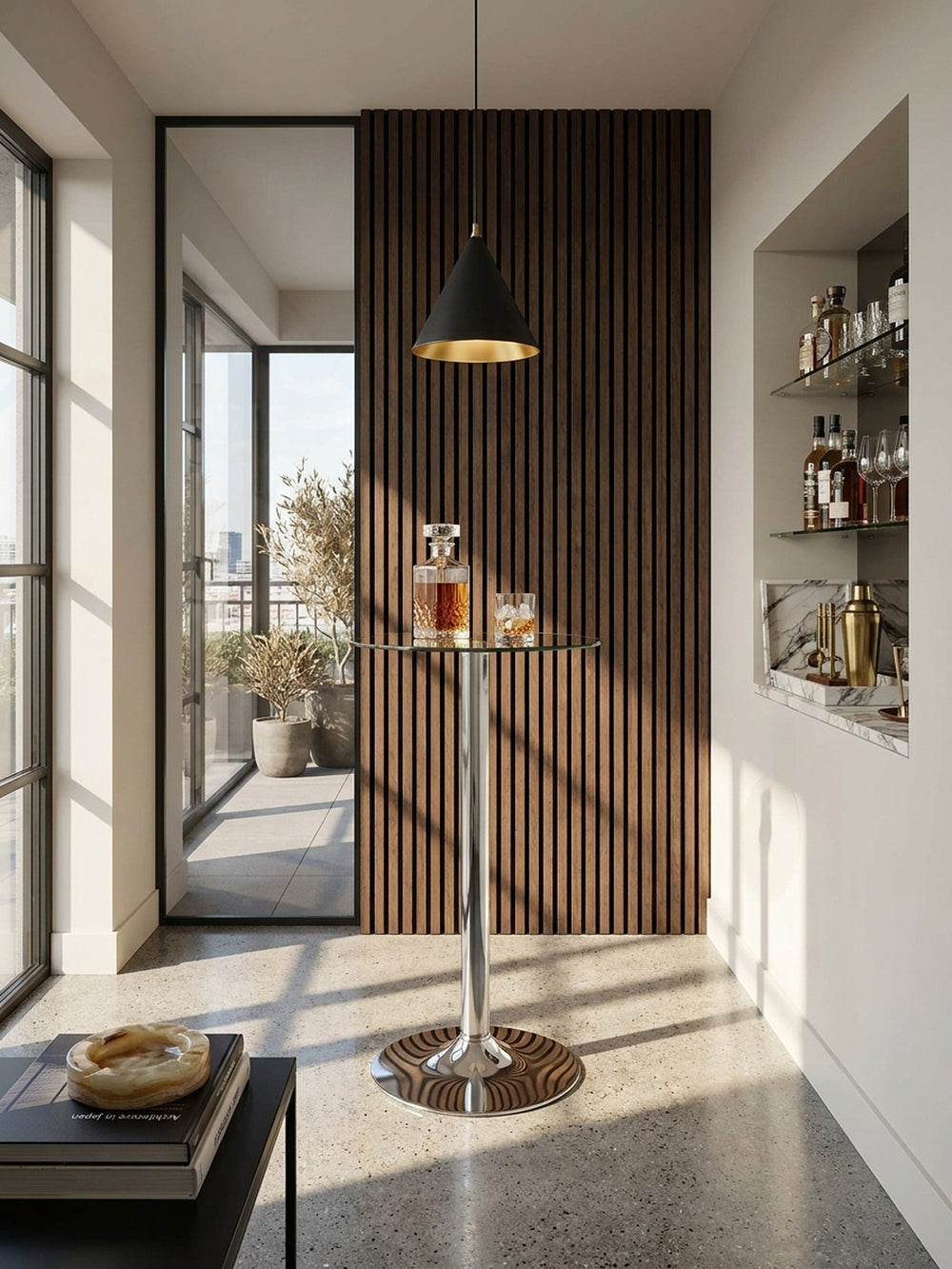 Ein runder Stehtisch aus transparentem Glas und Chrom steht als glänzender Mittelpunkt in einer exklusiven Heimbar mit dunkler Holzlamellenwand und fugenlosem Betonboden._