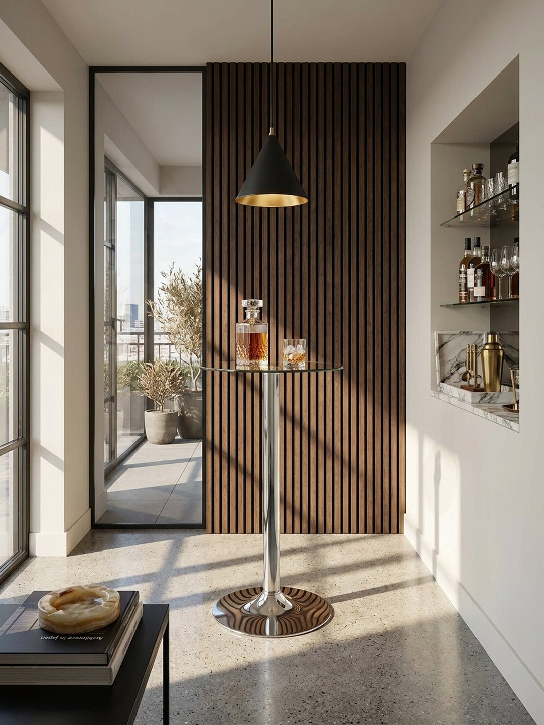 Ein runder Stehtisch aus transparentem Glas und Chrom steht als glänzender Mittelpunkt in einer exklusiven Heimbar mit dunkler Holzlamellenwand und fugenlosem Betonboden._