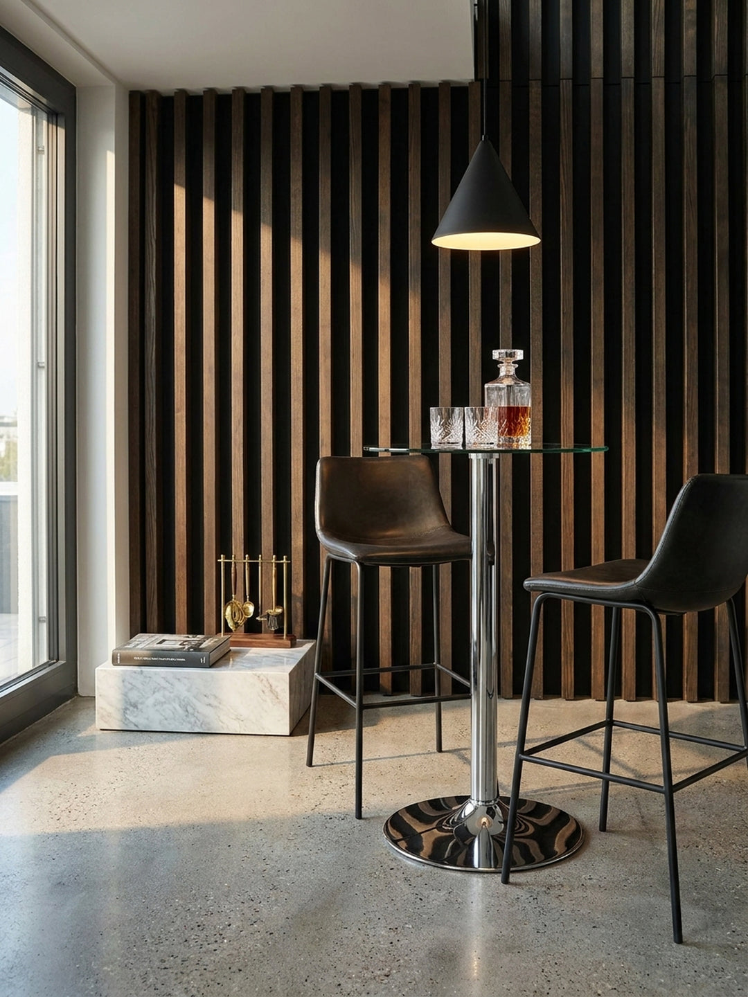 Der elegante Chrom-Bistrotisch arrangiert mit zwei dunkelbraunen minimalistischen Barhockern vor einer bodentiefen Stahlrahmen-Trennwand im privaten Barbereich._