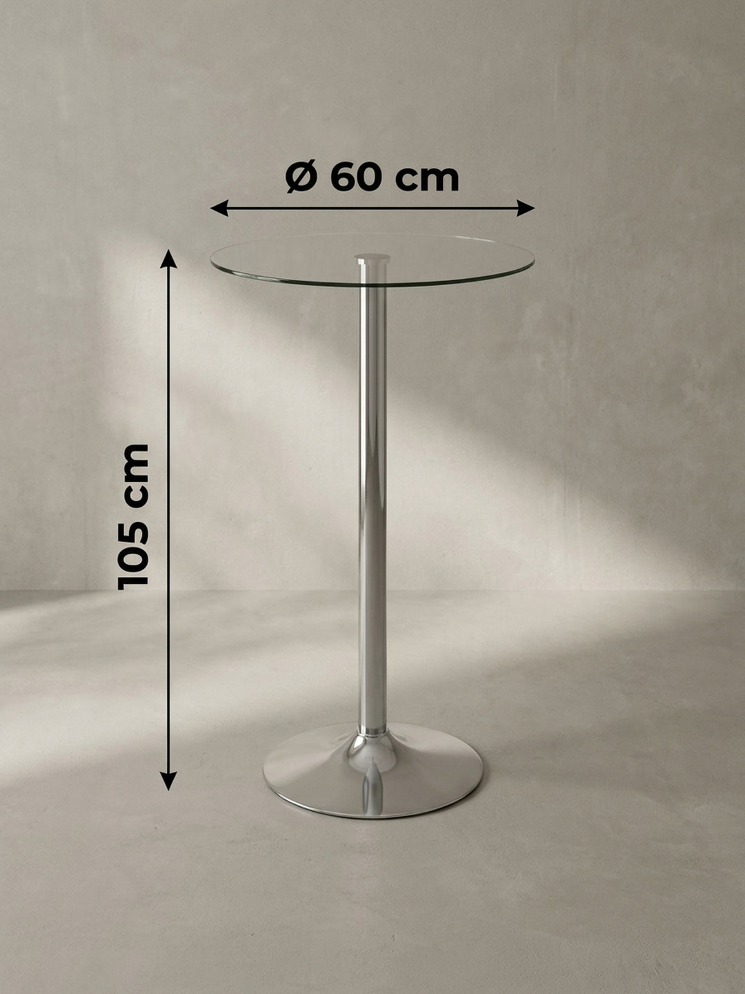 Technische Zeichnung des runden Stehtisches mit exakten Maßangaben von 60 cm Breite und 105 cm Höhe für die passgenaue Raumplanung in Bar oder Lounge._