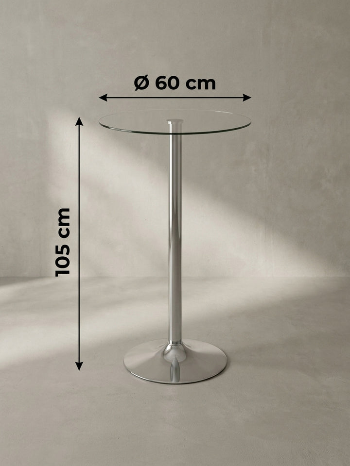Technische Zeichnung des runden Stehtisches mit exakten Maßangaben von 60 cm Breite und 105 cm Höhe für die passgenaue Raumplanung in Bar oder Lounge._