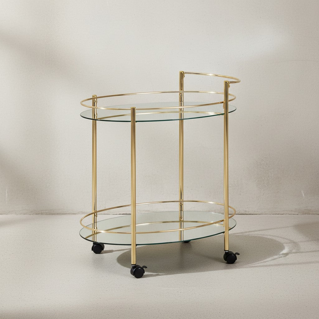 Goldener Servierwagen_ Retro-Charme_ 2 Glasplatten_ rollbar_ stabile Stahlkonstruktion_ leicht zu reinigen - KADIMA DESIGN_Größe_ 67x46x79 cm_
