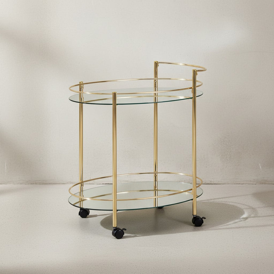 Goldener Servierwagen_ Retro-Charme_ 2 Glasplatten_ rollbar_ stabile Stahlkonstruktion_ leicht zu reinigen - KADIMA DESIGN_Größe_ 67x46x79 cm_