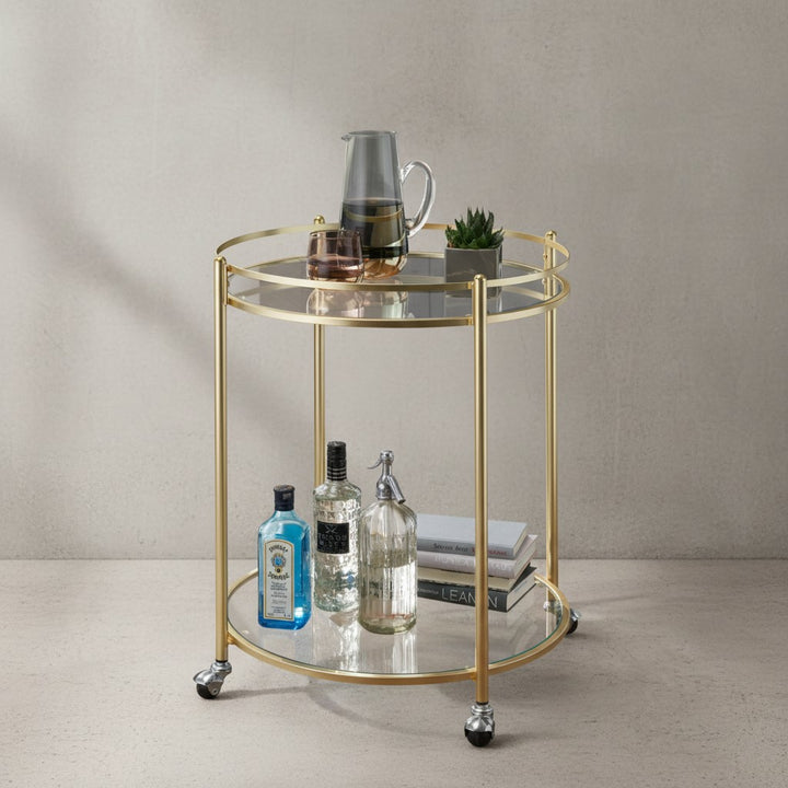 Goldener Servierwagen_ mobiler Beistelltisch_ Sicherheitsglas_ Mehrzwecknutzung - KADIMA DESIGN_Größe_ 57x57x75 cm_