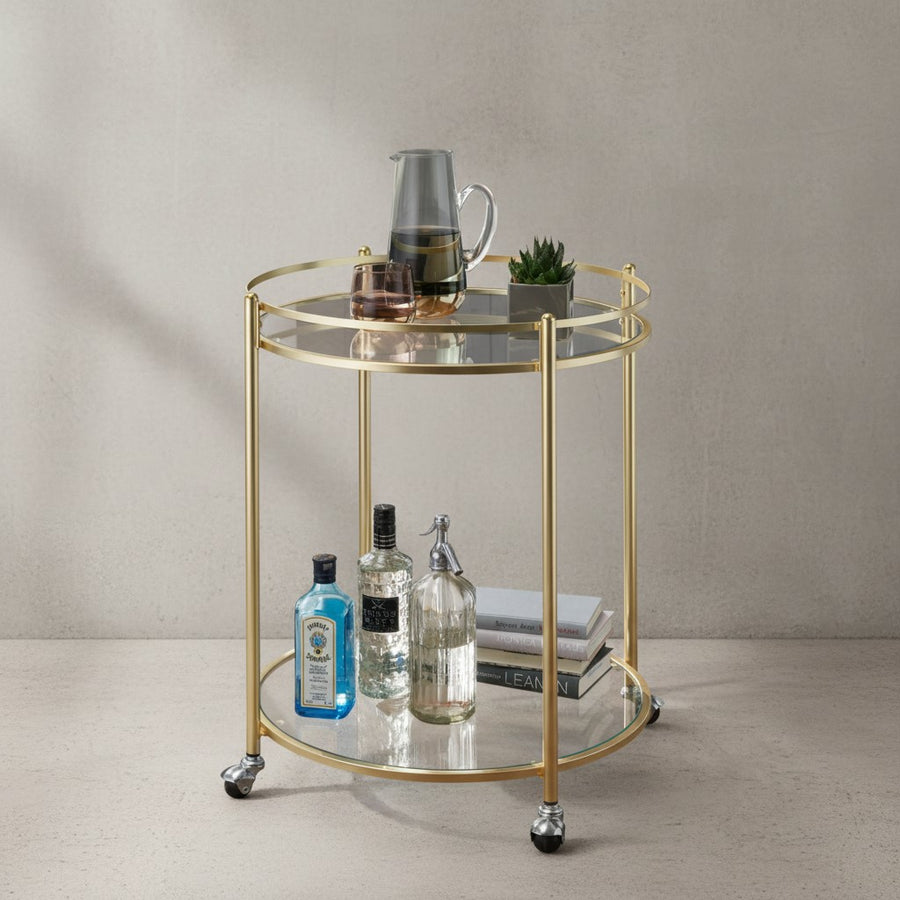Goldener Servierwagen_ mobiler Beistelltisch_ Sicherheitsglas_ Mehrzwecknutzung - KADIMA DESIGN_Größe_ 57x57x75 cm_