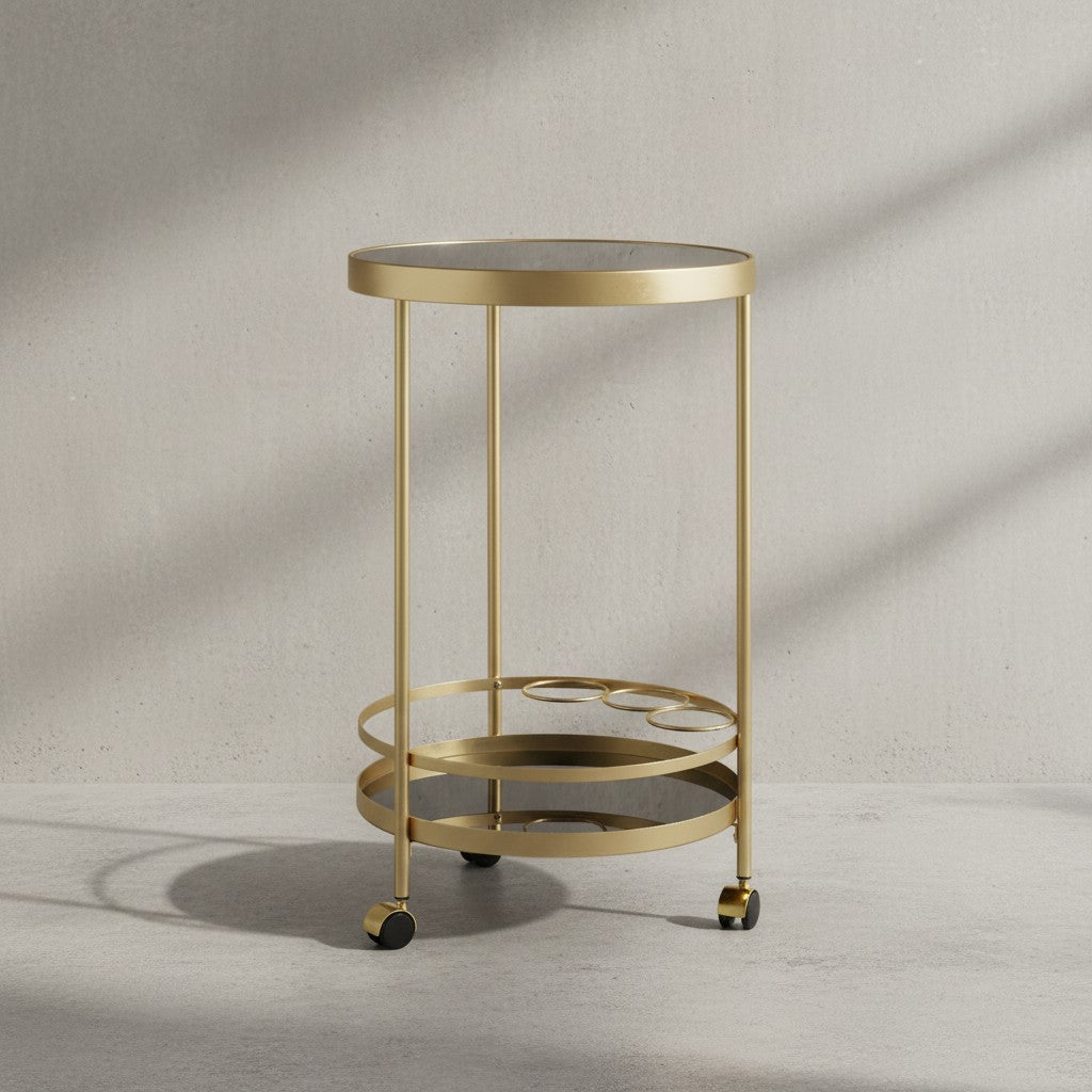 Goldener Servierwagen mit Retro-Charme und Schwarzem Sicherheitsglas - KADIMA DESIGN_Größe_ 45x45x76 cm_